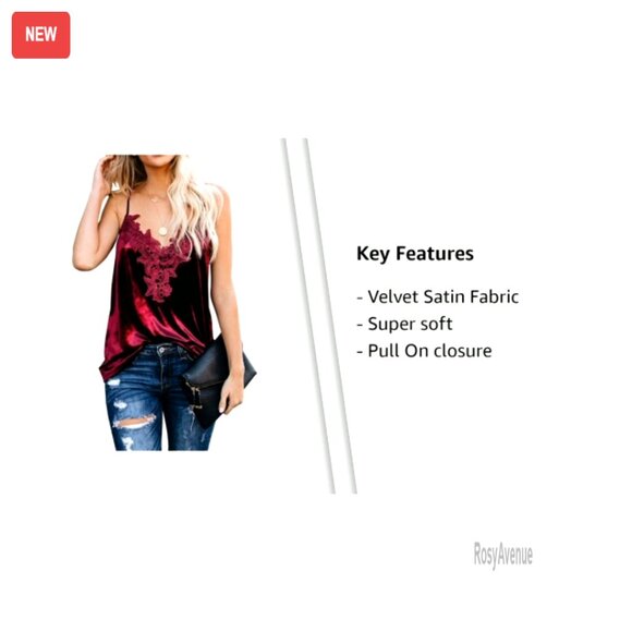 Velvet V-Neck Lace Cami Tank Top, Sexy Flare Style - Picture 7 of 7